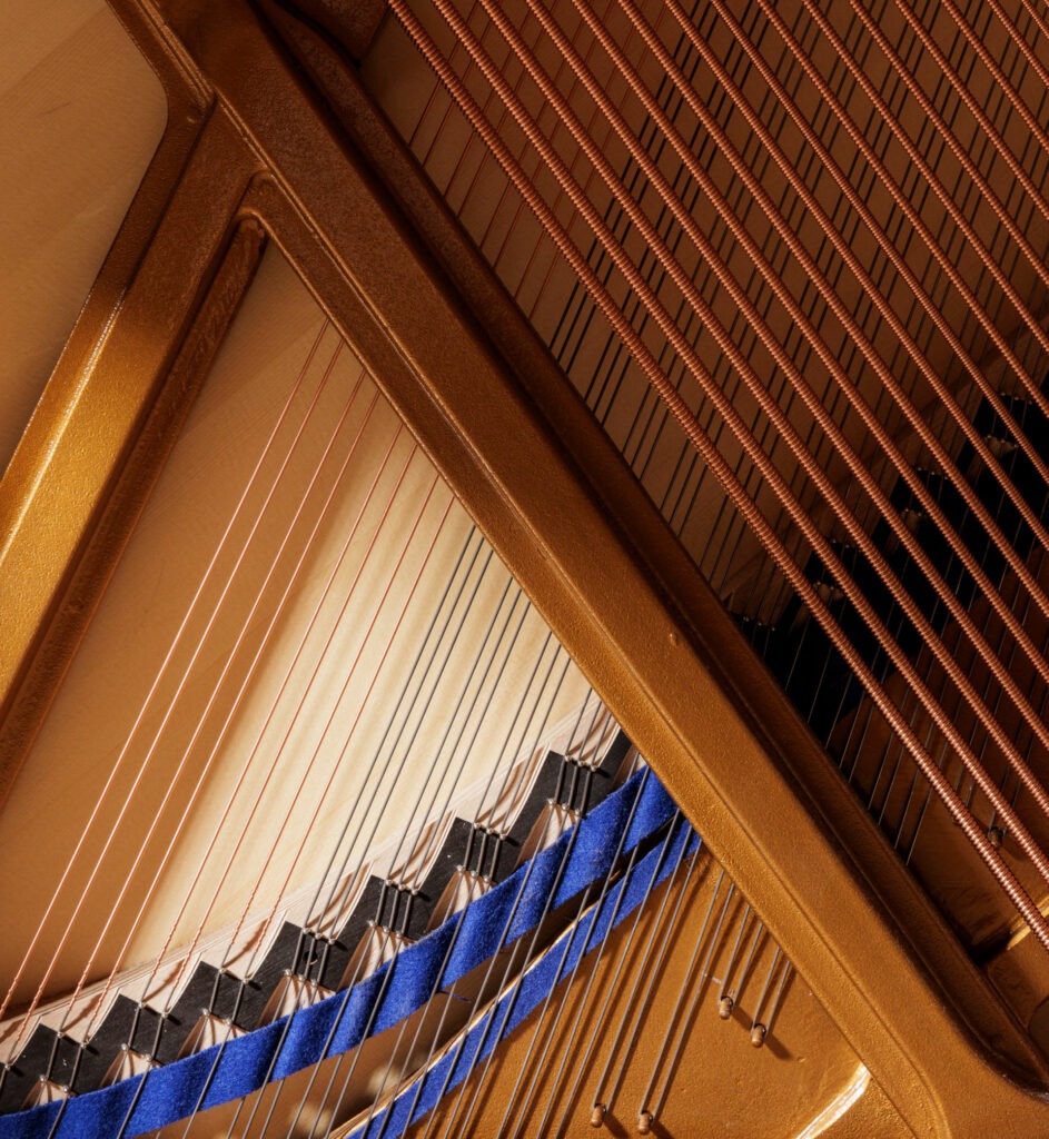 Vue rapprochée des cordes et des marteaux à l'intérieur d'un piano